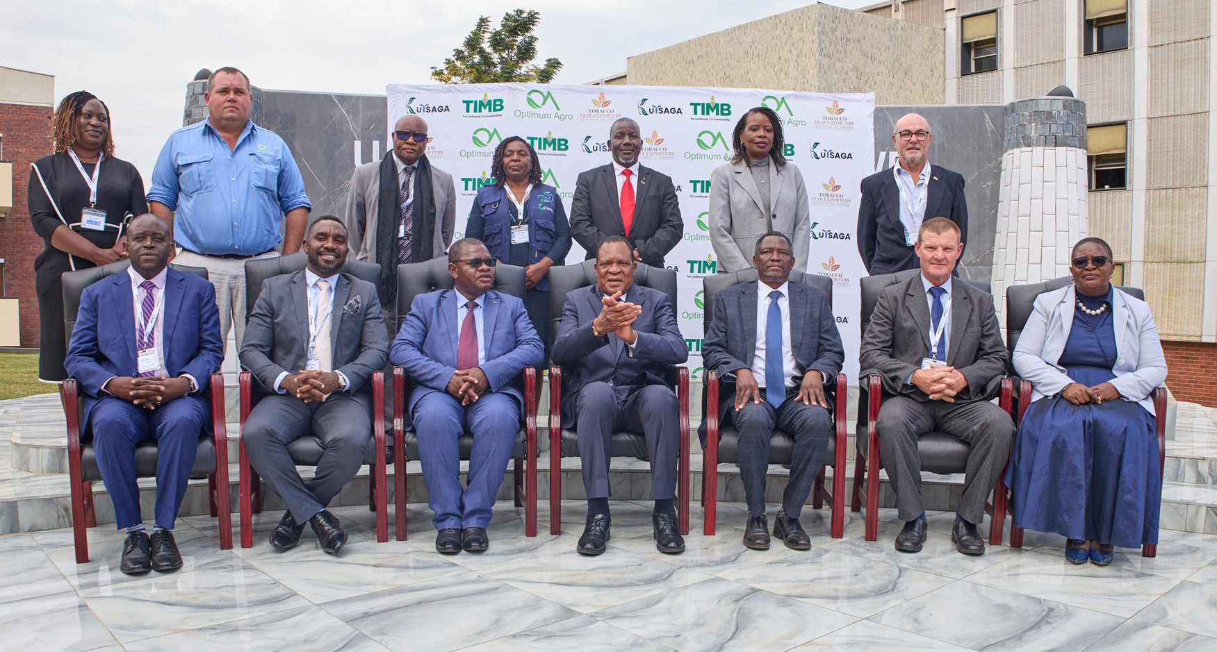 Picture5 Figure 7: Sitting: From left to right – Dr F Magama (CEO Kutsaga), A Denenga (Board chairman Kutsaga), Prof. O. Jiri (Permanent secretary Minister of Lands, Agriculture, Fisheries, Water and Rural Development,), Hon. Dr A Masuka, Minister of Lands, Agriculture, Fisheries, Water and Rural Development, Professor A Mamvuto (University of Zimbabwe Pro-Vice Chancellor, Academic and Administration), G Ross (President ZTA), Prof F Mtambanengwe (Board vice-chair Kutsaga), Standing: From left to right – Mrs M Kamusasa (Farmer), G Heynes (General manager Optimum agro), AVM (Rtd) I Chiganze (Board member Kutsaga), Mrs F Miti (Board member Kutsaga), Dr A Changaya (CEO ARET Malawi), Dr A Chikonzo (University of Zimbabwe Librarian), R Holmes (CEO TLEAZ)